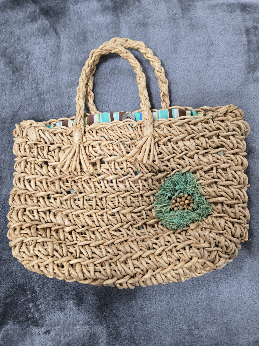 Woven Straw Tote Bag with Green Accent